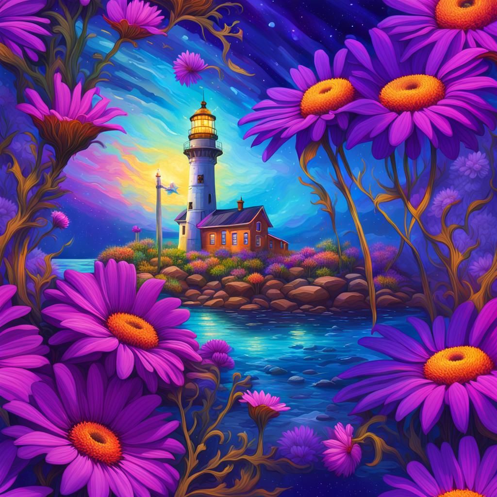 Astral Daisies by a Cosmic Lighthouse in 8k
