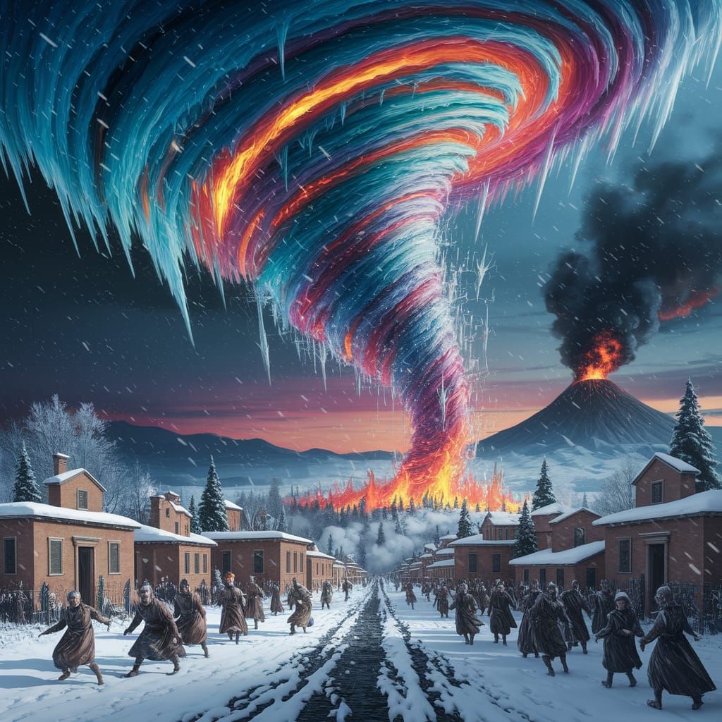 Surreal Fantasy Winter Scene with Tornado and Volcanic Erupt...
