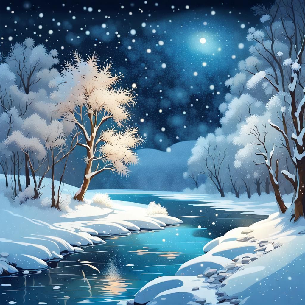 Snowy Riverside Landscape in Mucha Style