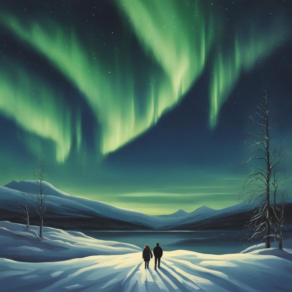 Winter Aurora Borealis: Couple Gazing at Northern Lights