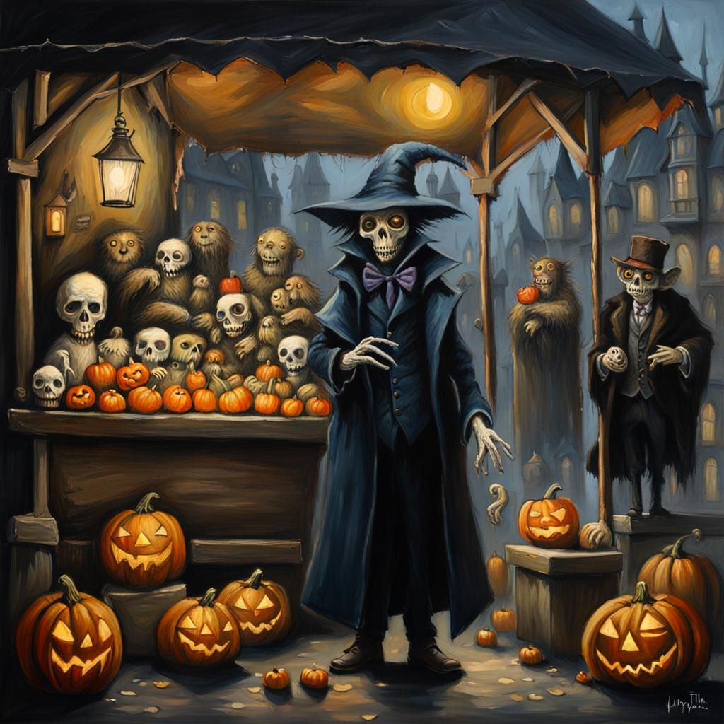 Whimsical Gothic Halloween Market, Dark Fantasy Art