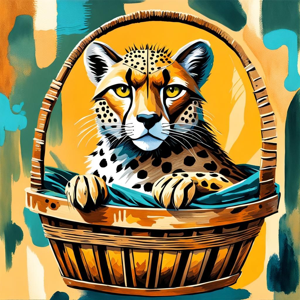 A steampunk cheetah in a basket