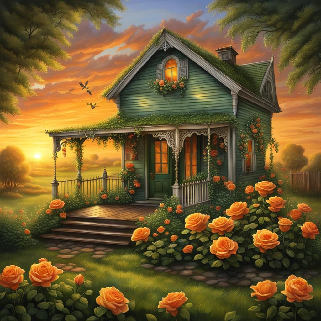 Victorian Home with Roses at Sunset