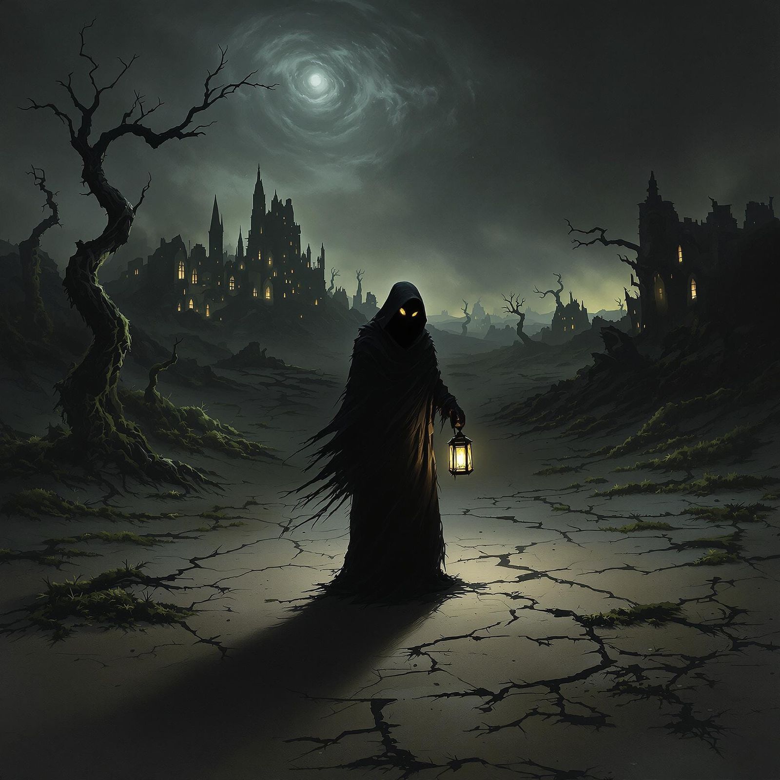 Hooded Figure in a Desolate, Darkened Landscape