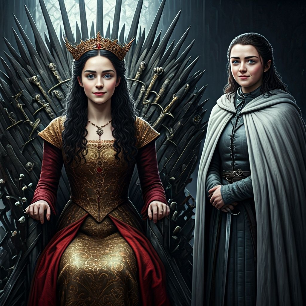 Arya Stark Beside Iron Throne with Young Queen