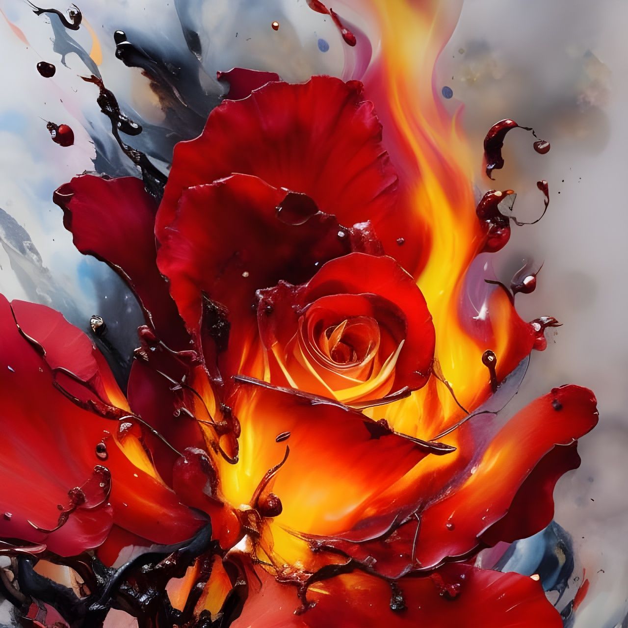 Detailed Fire Rose with Oil Splash, Sinister Concept Art