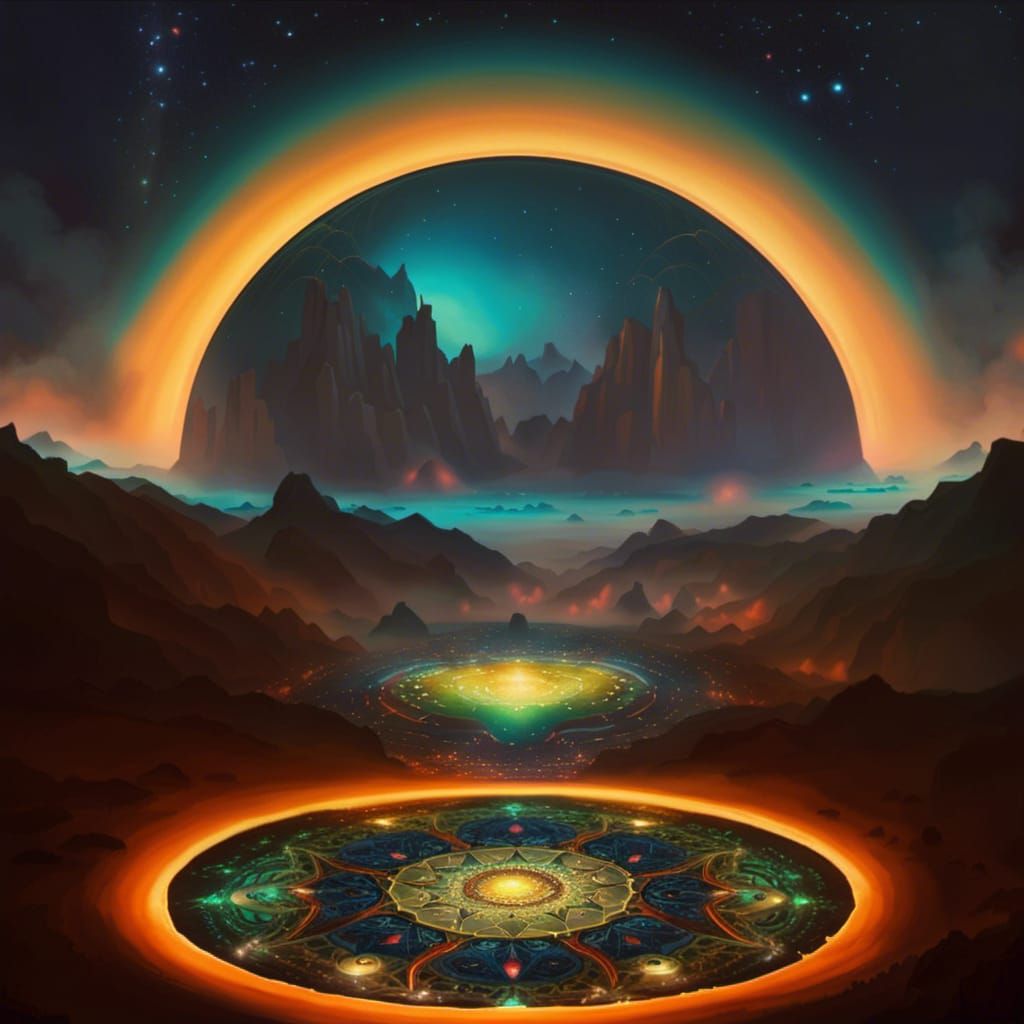 Bioluminescent Mandala Landscape: Detailed Fantasy Photograp...