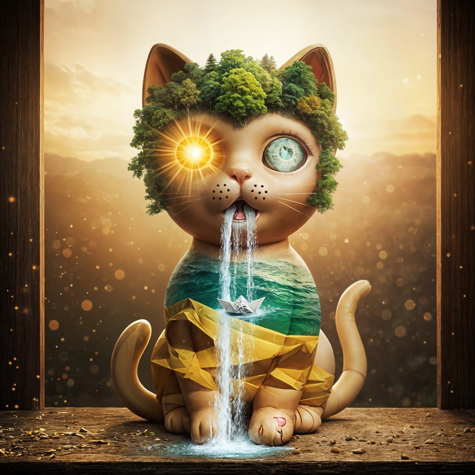 Dreamlike Kitty Doll with Nature Scene Emerging