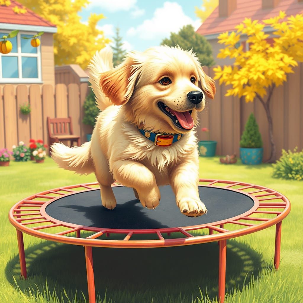 Golden Retriever Jumps Joyfully on a Colorful Trampoline