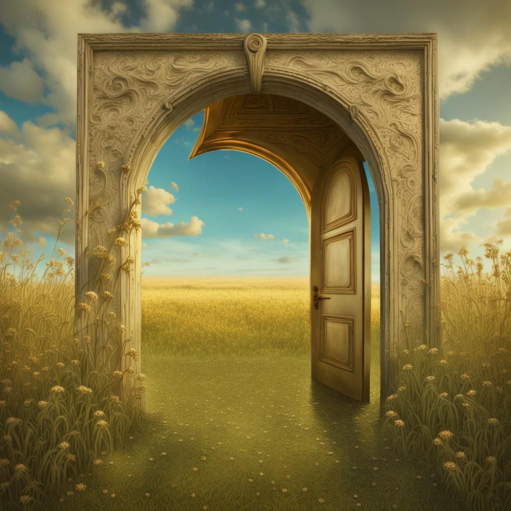 Surreal Doorway in Field: A Dali-esque Dreamscape