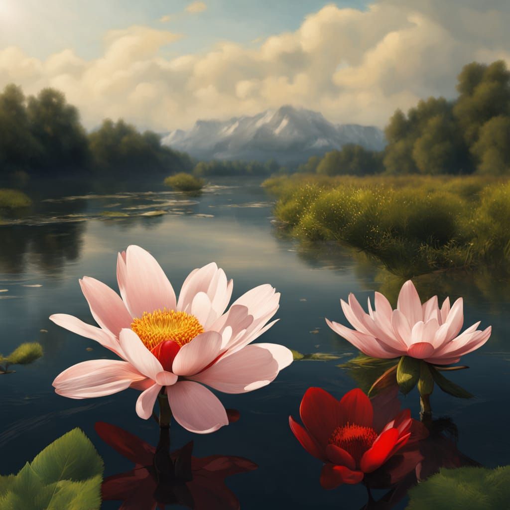 Red Flower by Riverbank in Digital Matte Painting Style