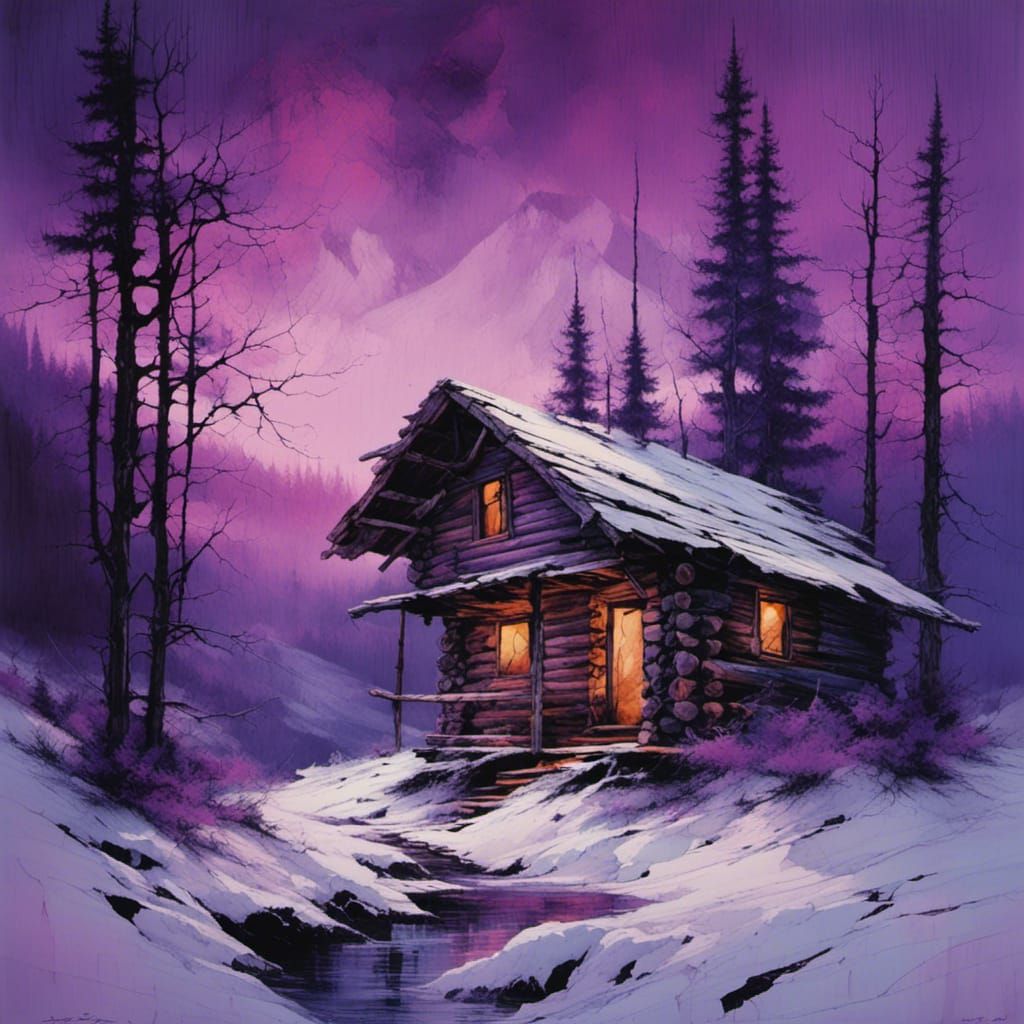 Winter Cabin in Woods with Deer and Mountains