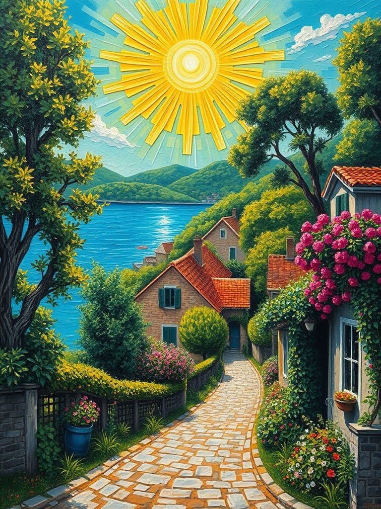 Neo-Impressionist Village Scene with Vibrant Floral Trees an...