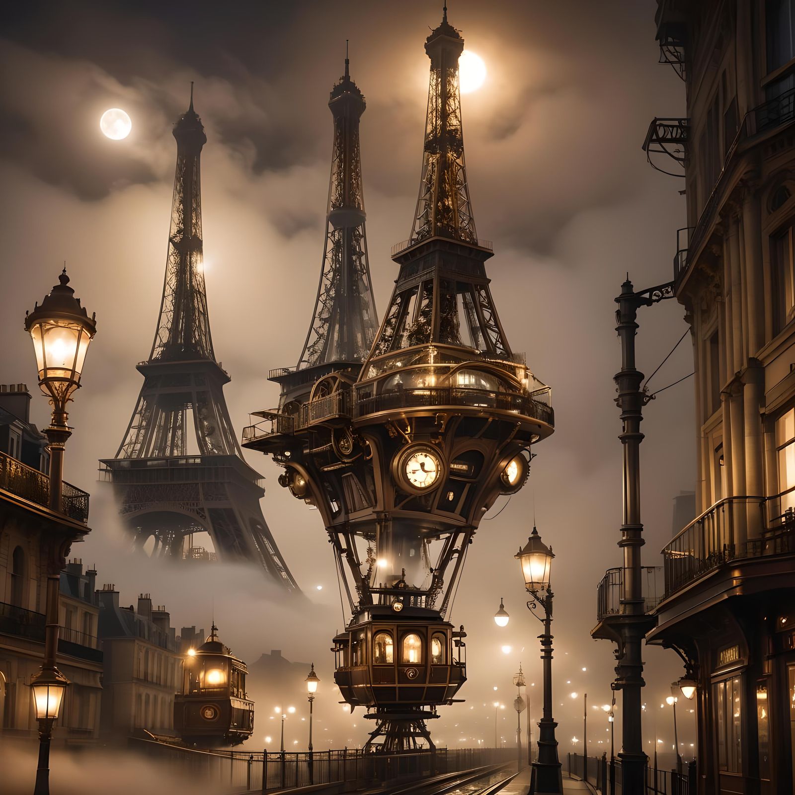 Steampunk Paris: Eiffel Towers Connected by Cable Car