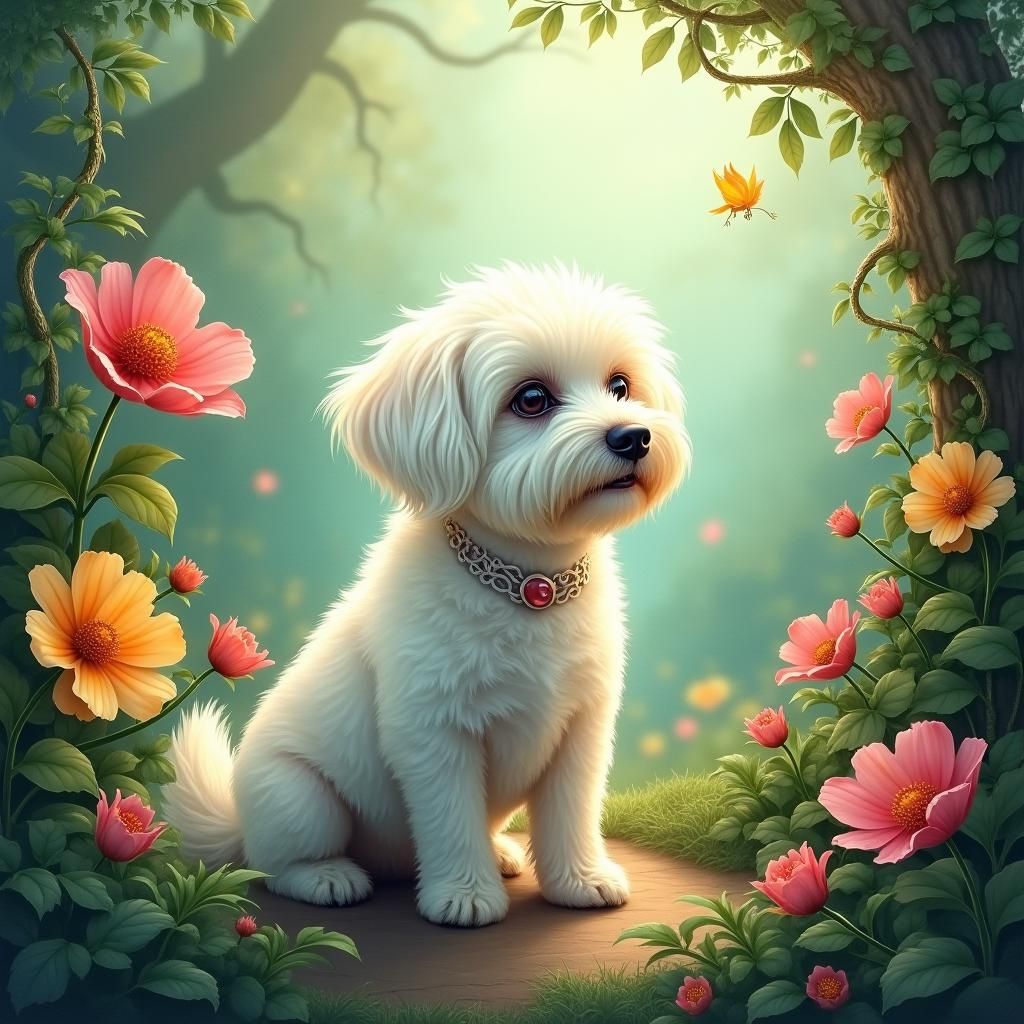 Maltese Dog in Fantasy Garden, Surreal Oil Ink Painting