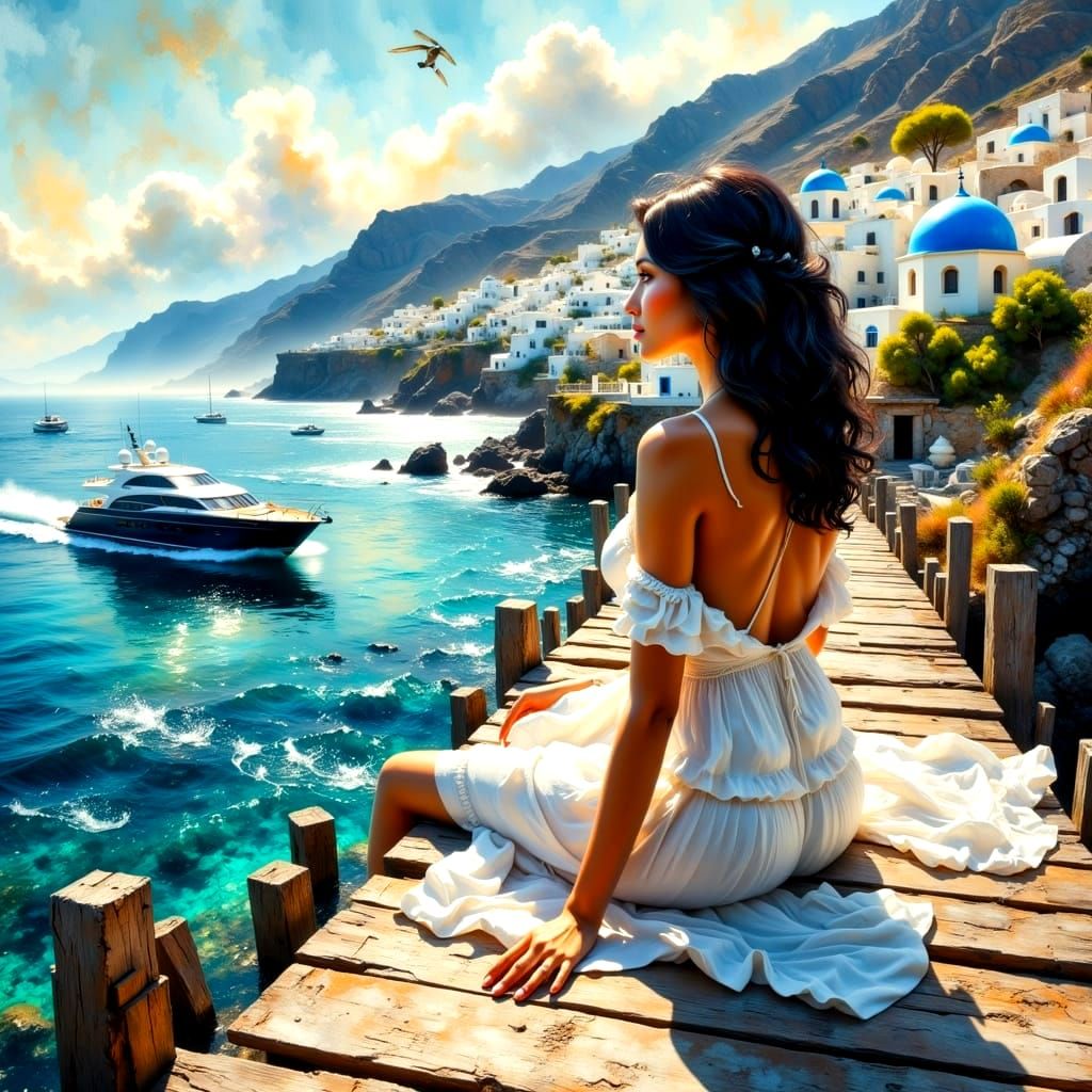 Santorini Sunset with Greek Goddess in Impasto Style