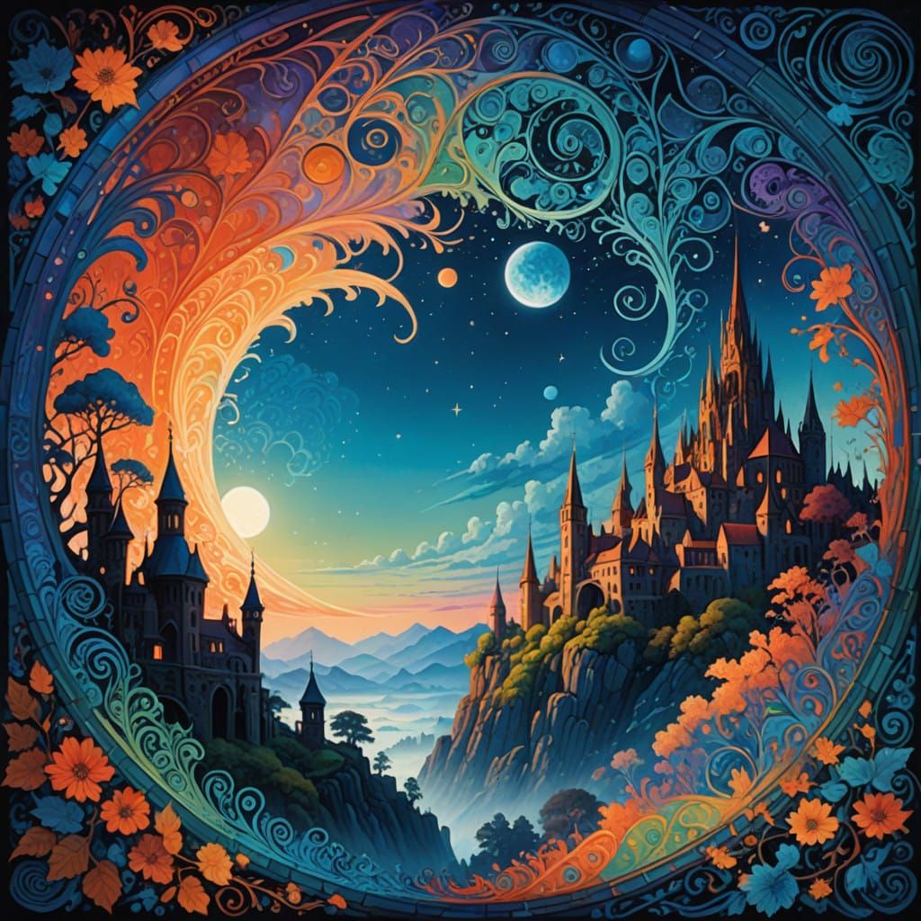 Ethereal Romanesque Silhouette Art with Iridescent Patterns