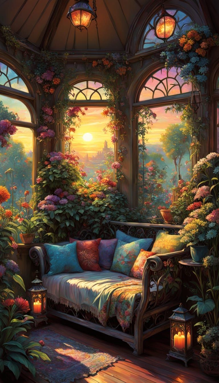 Sunlit Cottage Sunroom with Flowers and Plants