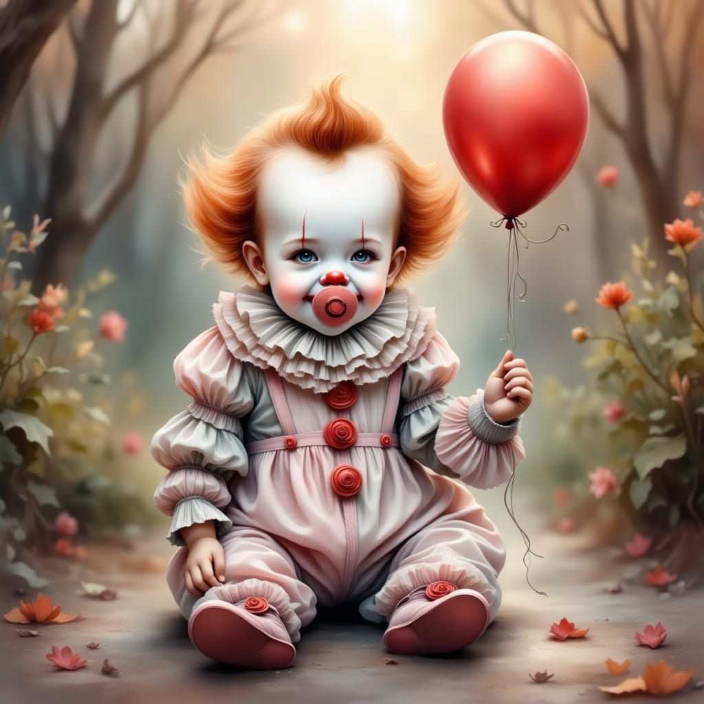 Cute Clown Baby with Pacifier and Red Balloon in a Soft Wint...