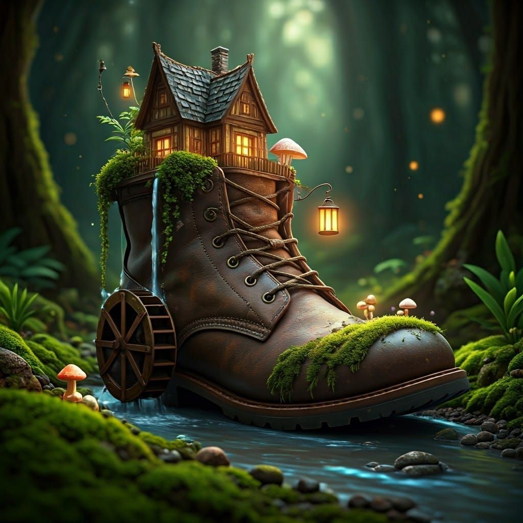 Enchanted Boot Watermill in Whimsical Fantasy Landscape