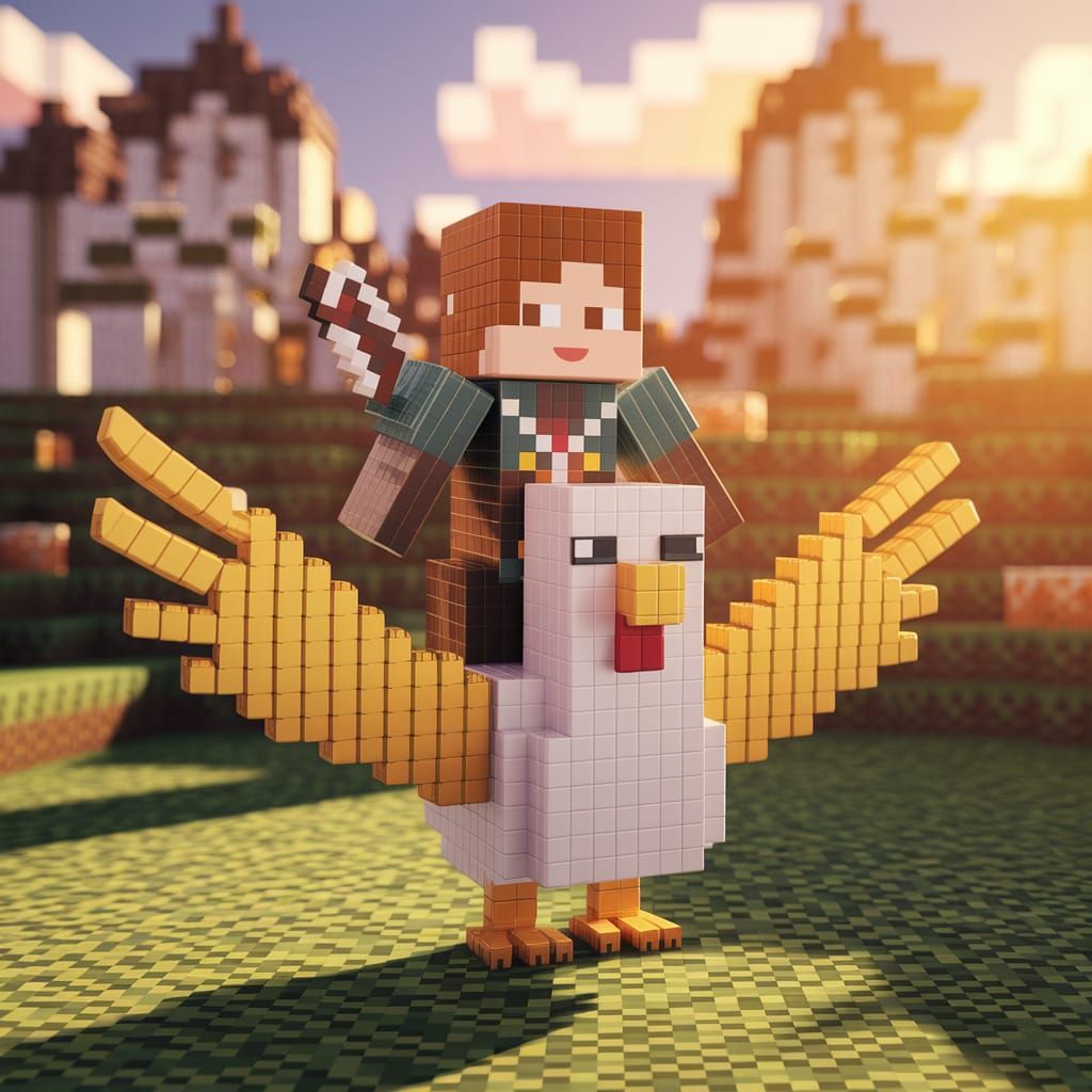 Pixelated Adventurer Rides Golden Chicken in Minecraft World