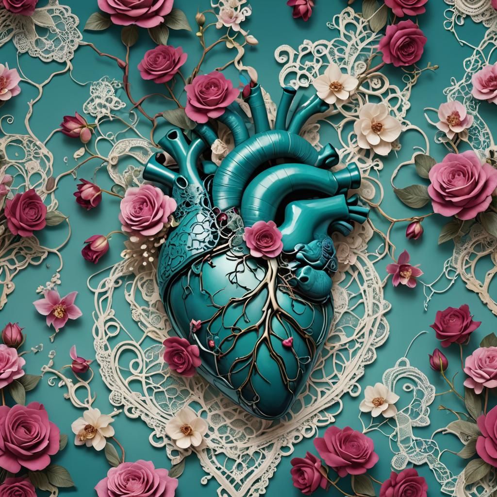 Human Heart Art with Teal, Fuchsia, Roses and Lace