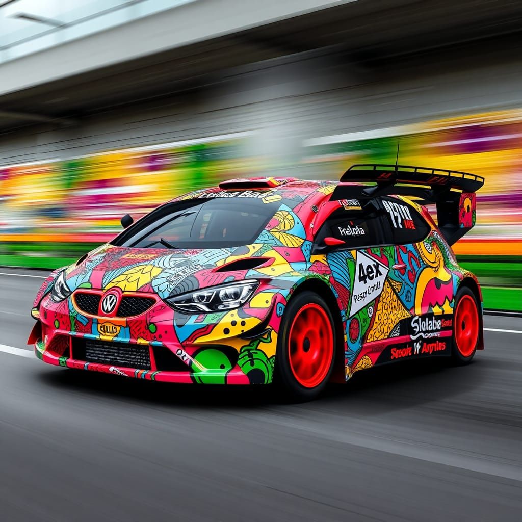 Rally car wrapped in "skabba" artwork