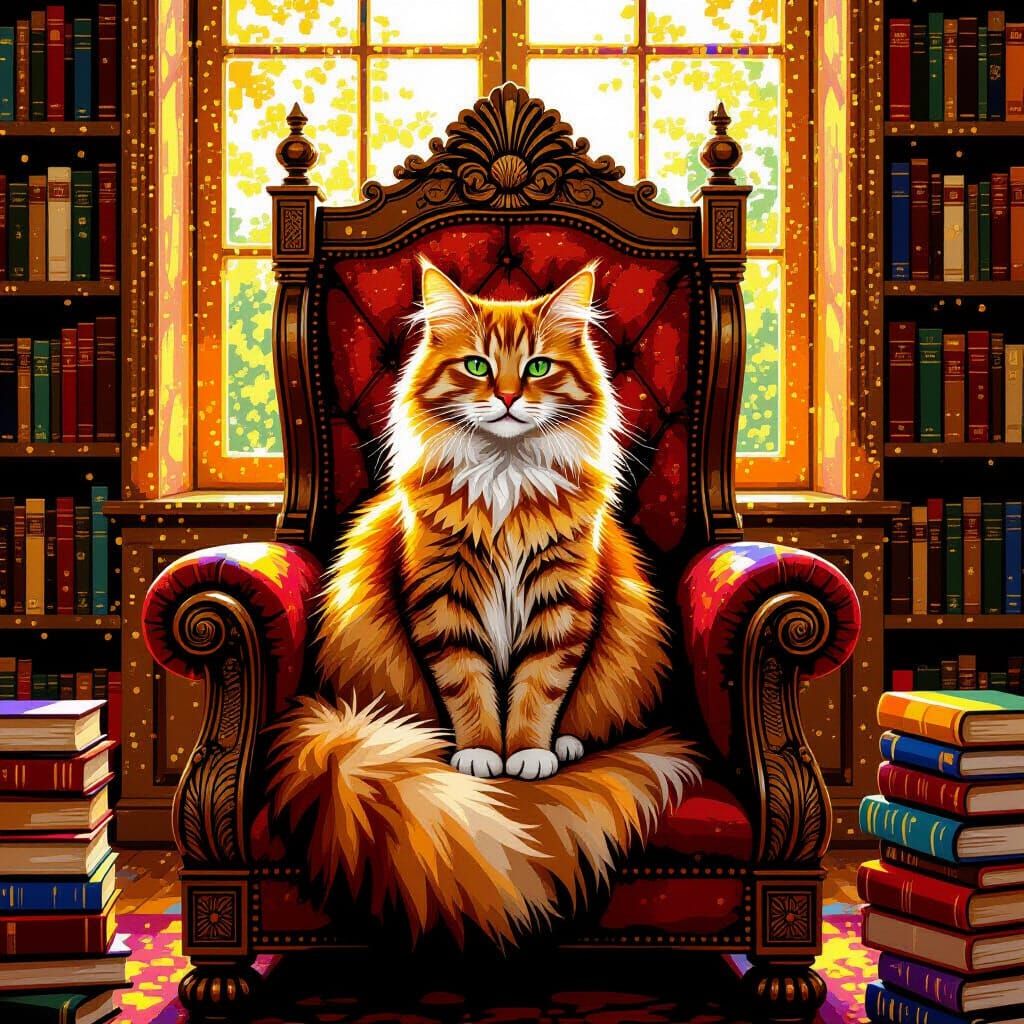 Regal Ginger Cat on Book Throne as Pointillism