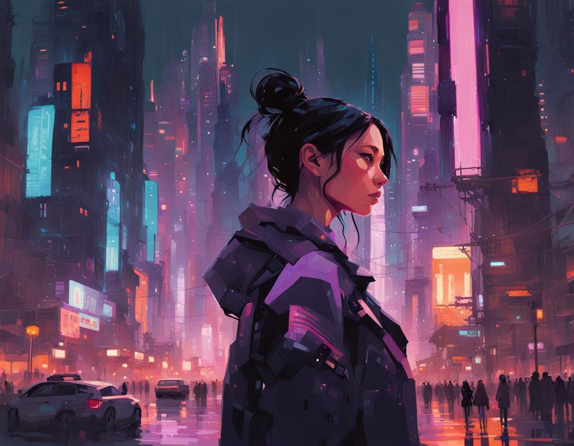 Cyberpunk Portrait of Woman in Neon Cityscape