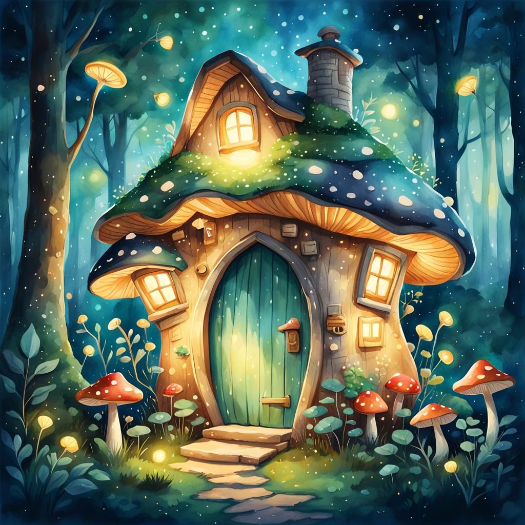 Cozy Mushroom House in Forest, Watercolor Sketch