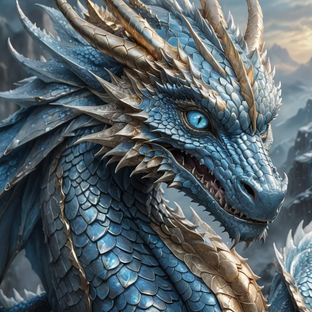 Majestic Blue Dragon Portrait in Fantasy Landscape
