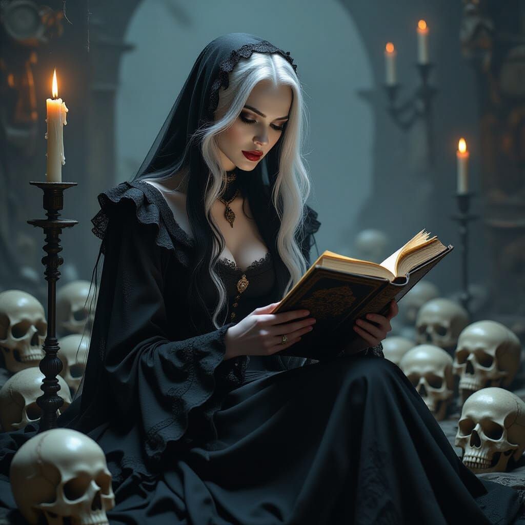 Gaunt Woman Reading by Candlelight in Dark Surrealist Style