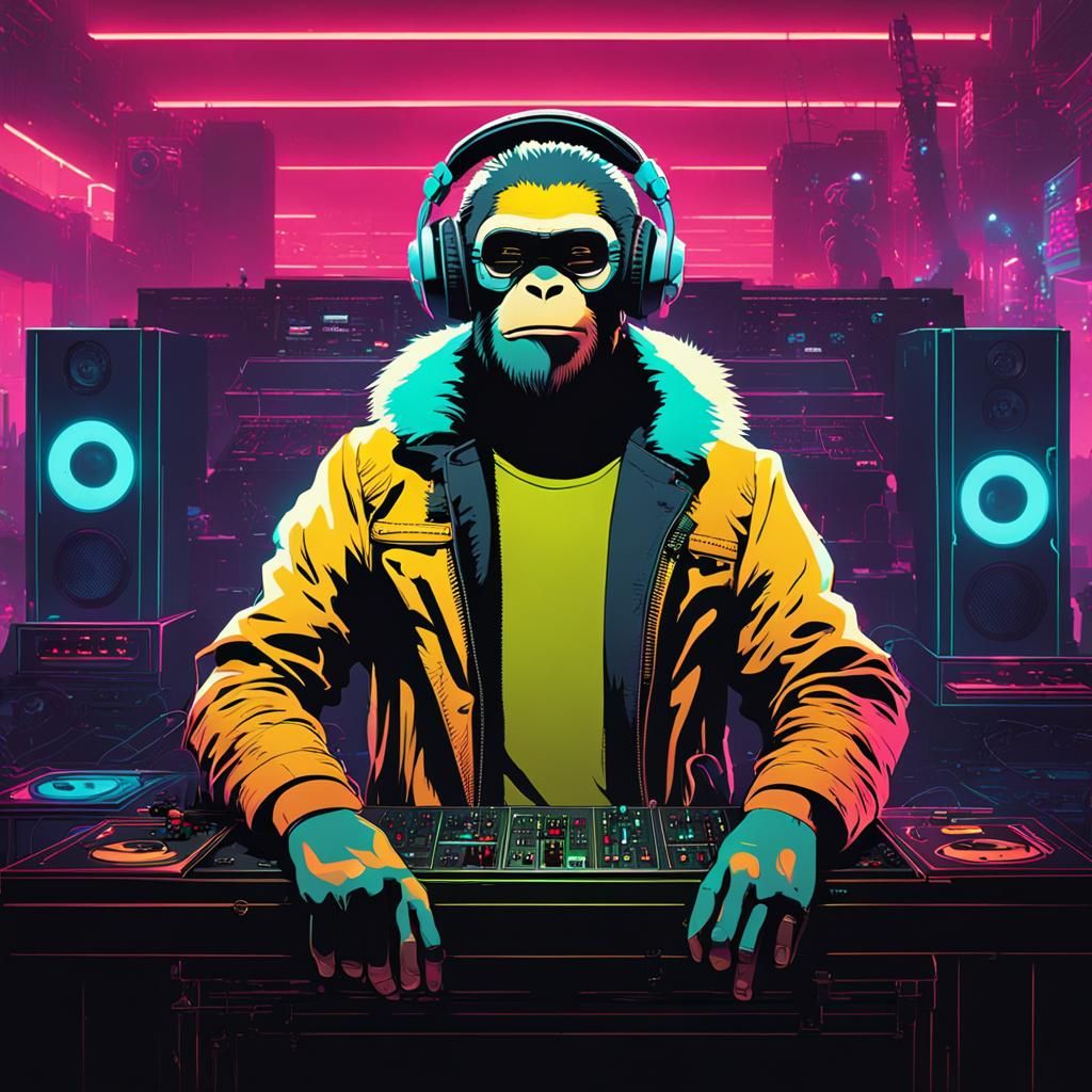 Monkey DJ Mixing Music in Cyberpunk Style
