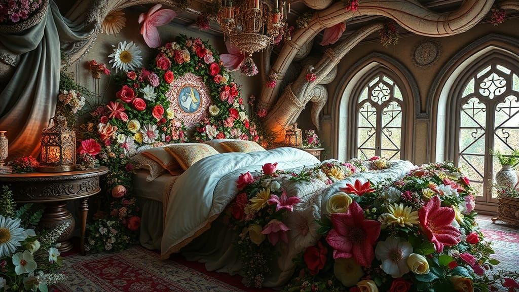Surreal Flower Bed: An Intricate Fairytale Scene