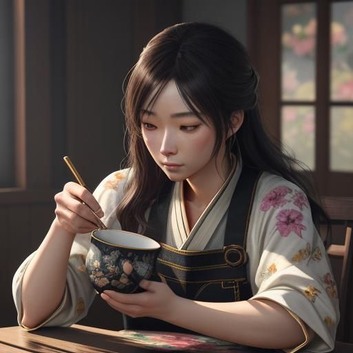 Anime Coffee and Flowers in Golden Light