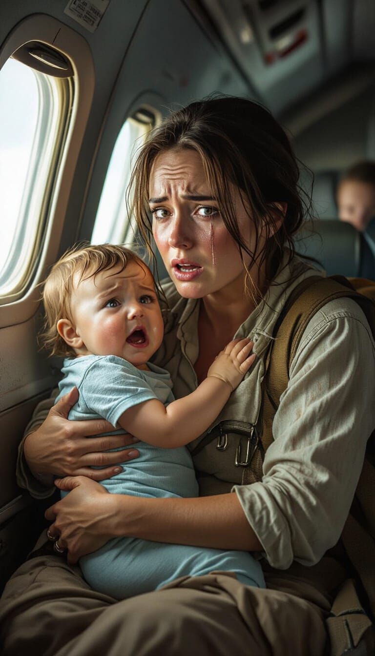 Distraught Mother and Baby in Burning Airplane Cabin