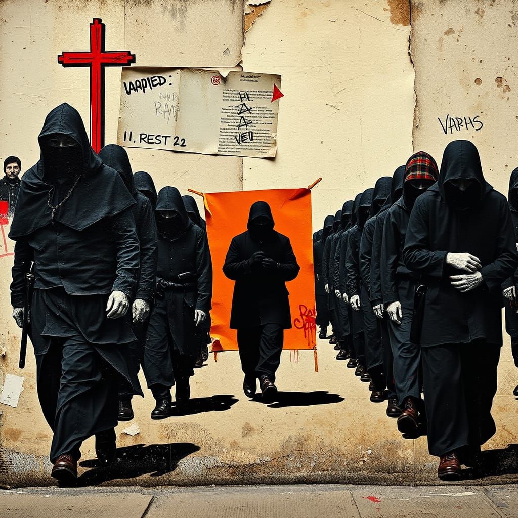Sombre Funeral Procession in Vibrant Street Art Style