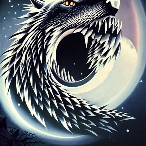 Wolf Howling at Moon in Geometric Kirigami Style