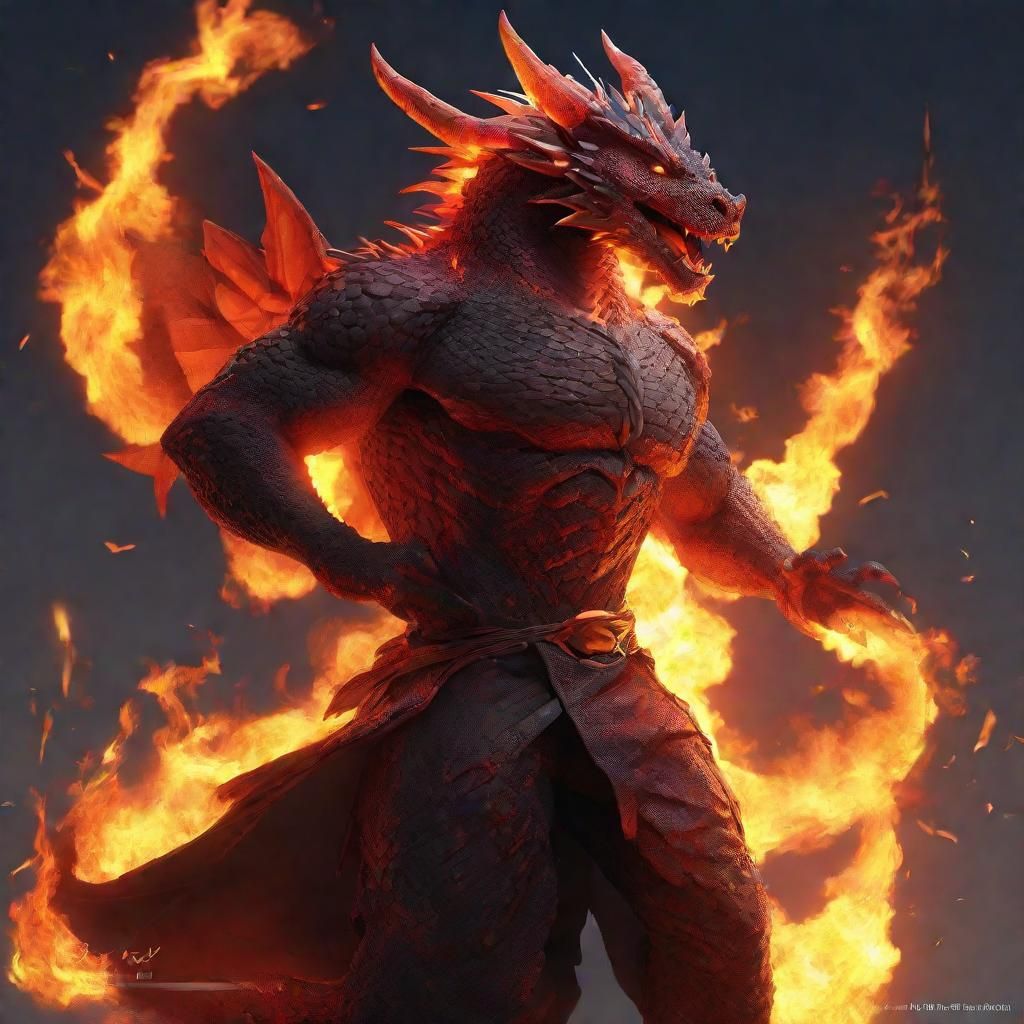Detailed 3D Anime Dragon Man Breathing Fire