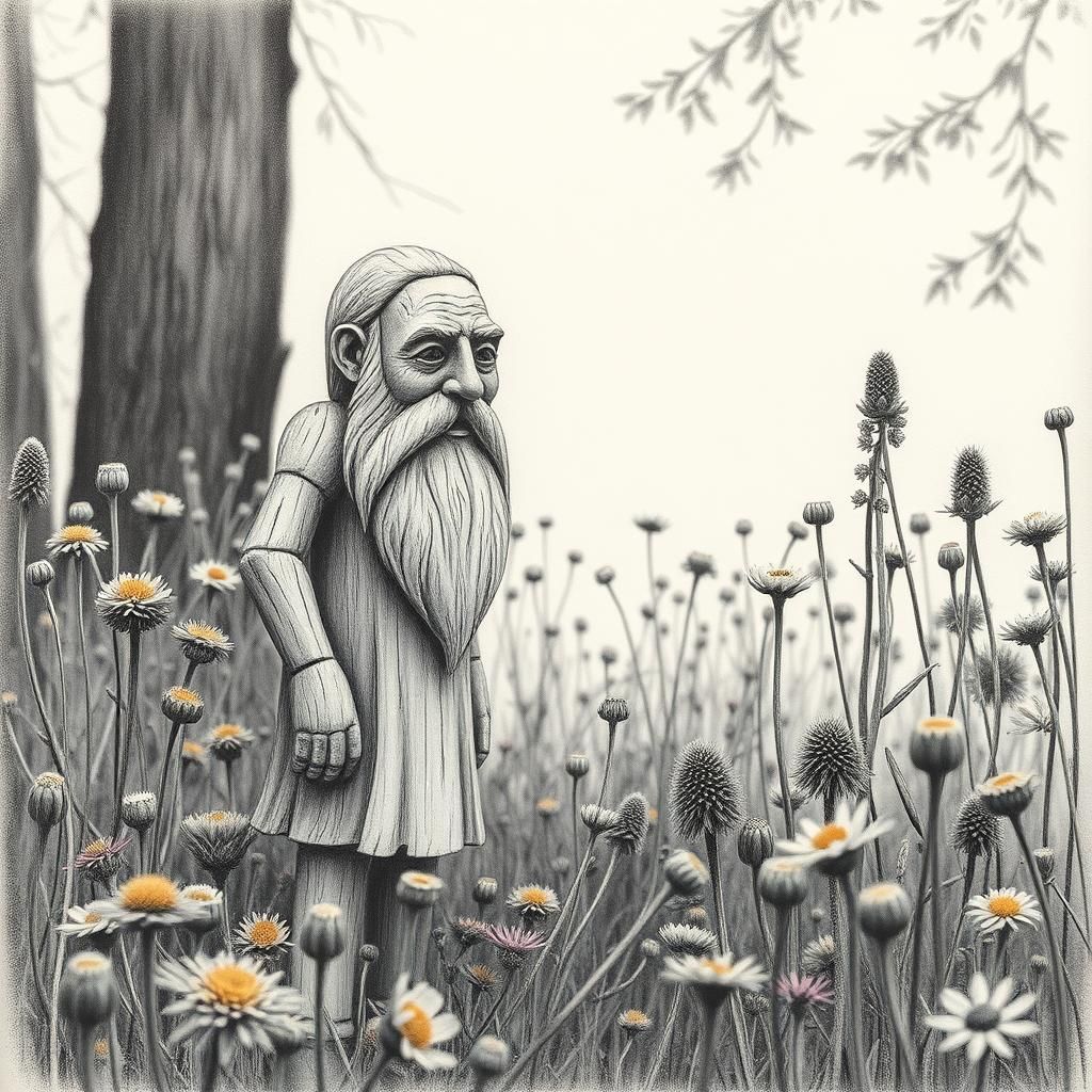 Carved Wooden Forest Spirit in Flower Meadow