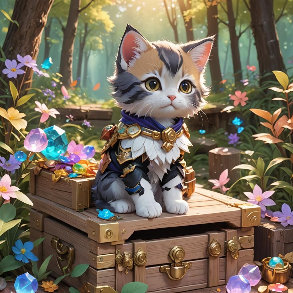 Kawaii 3D Anime Kitten in Whimsical Forest
