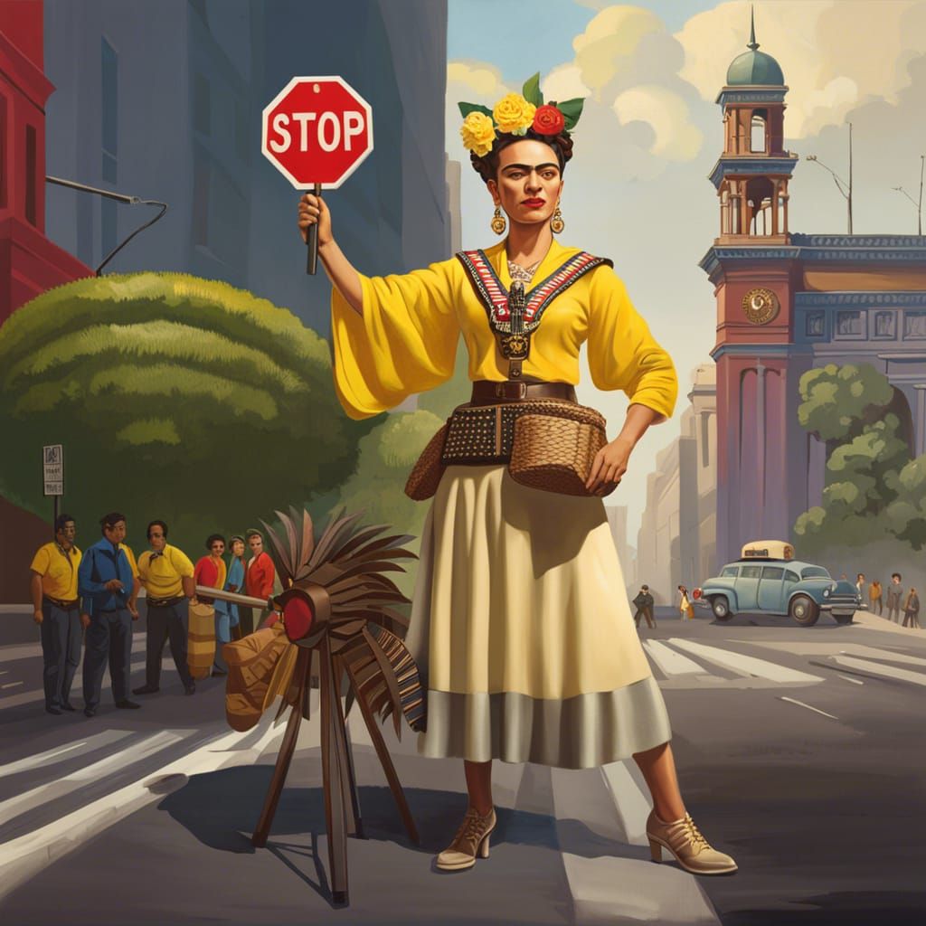 Frida Kahlo as Traffic Regulator: Hyperrealistic Splash Art