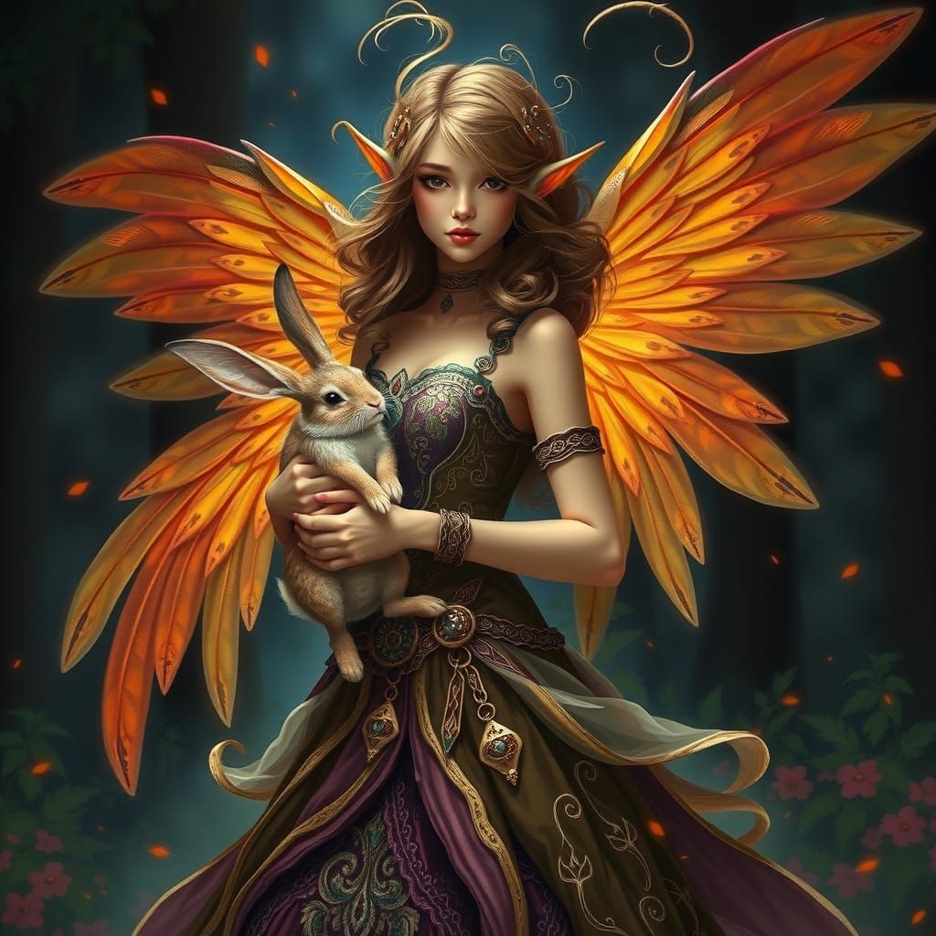 Forest Elf with Bunny in Detailed Oil Painting