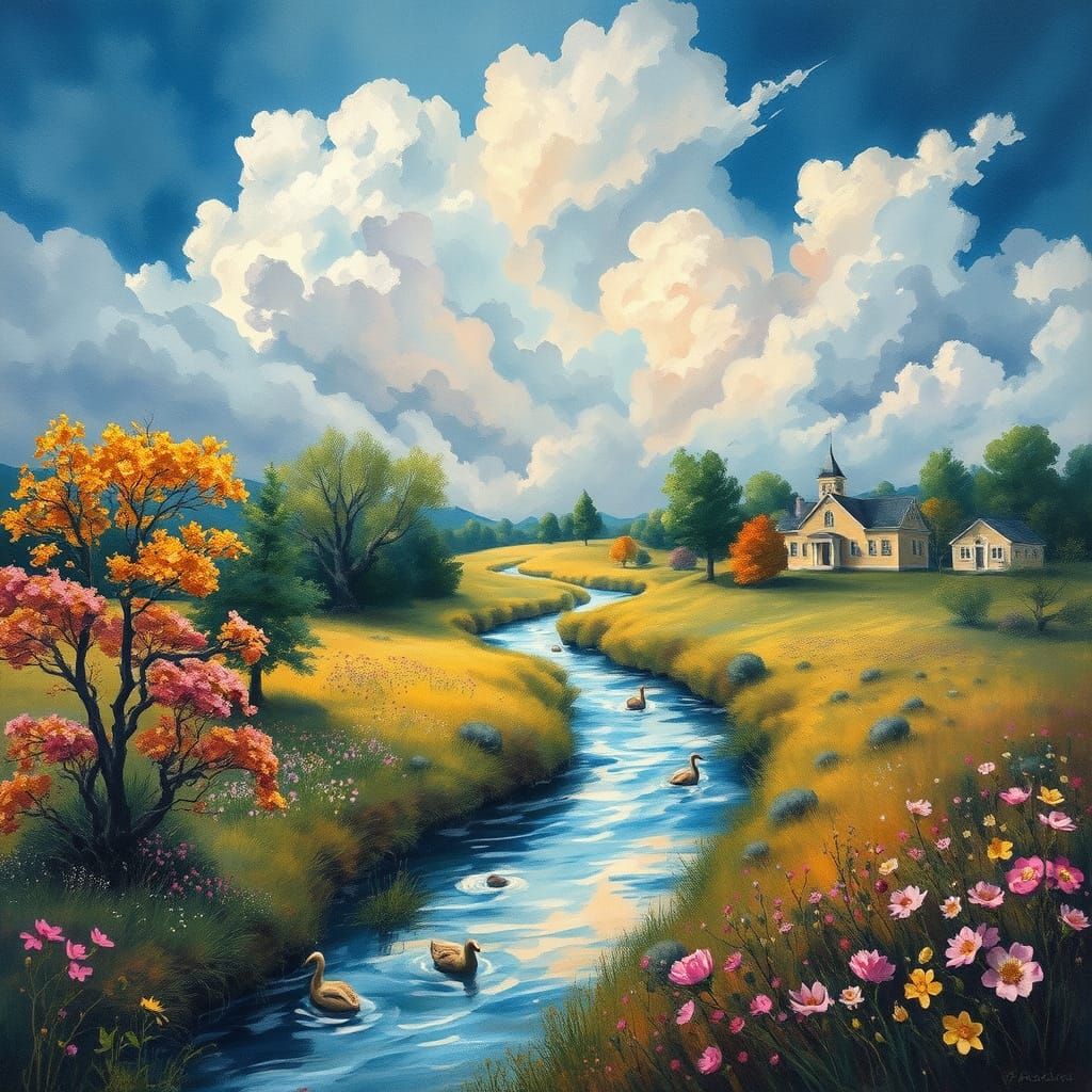 Lush Meadow and Fountain: Impressionist Matte Painting