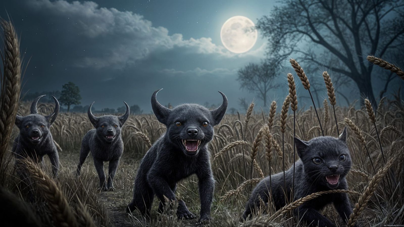 Moonlit Creatures in Wheat Fields: Dark Fantasy Art