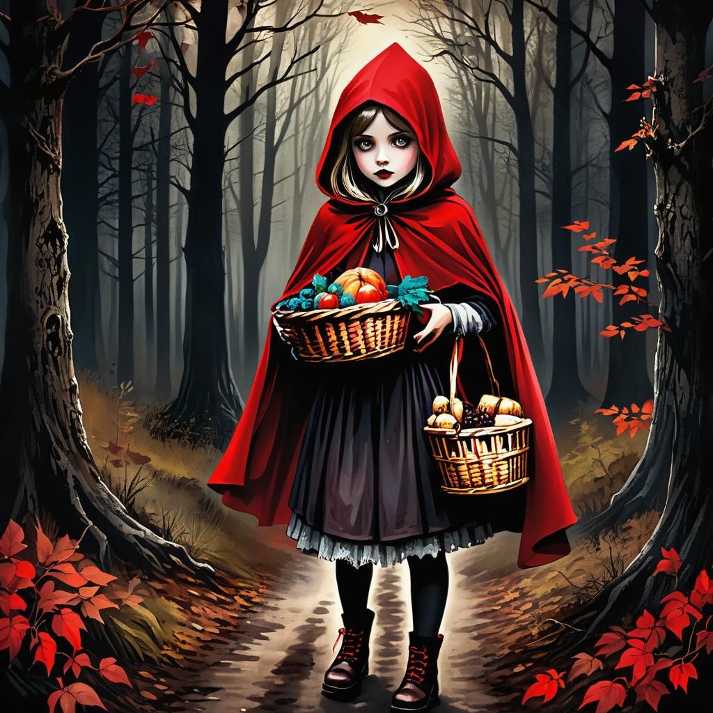 Watercolor of Girl in Red Cape in Gothic Forest
