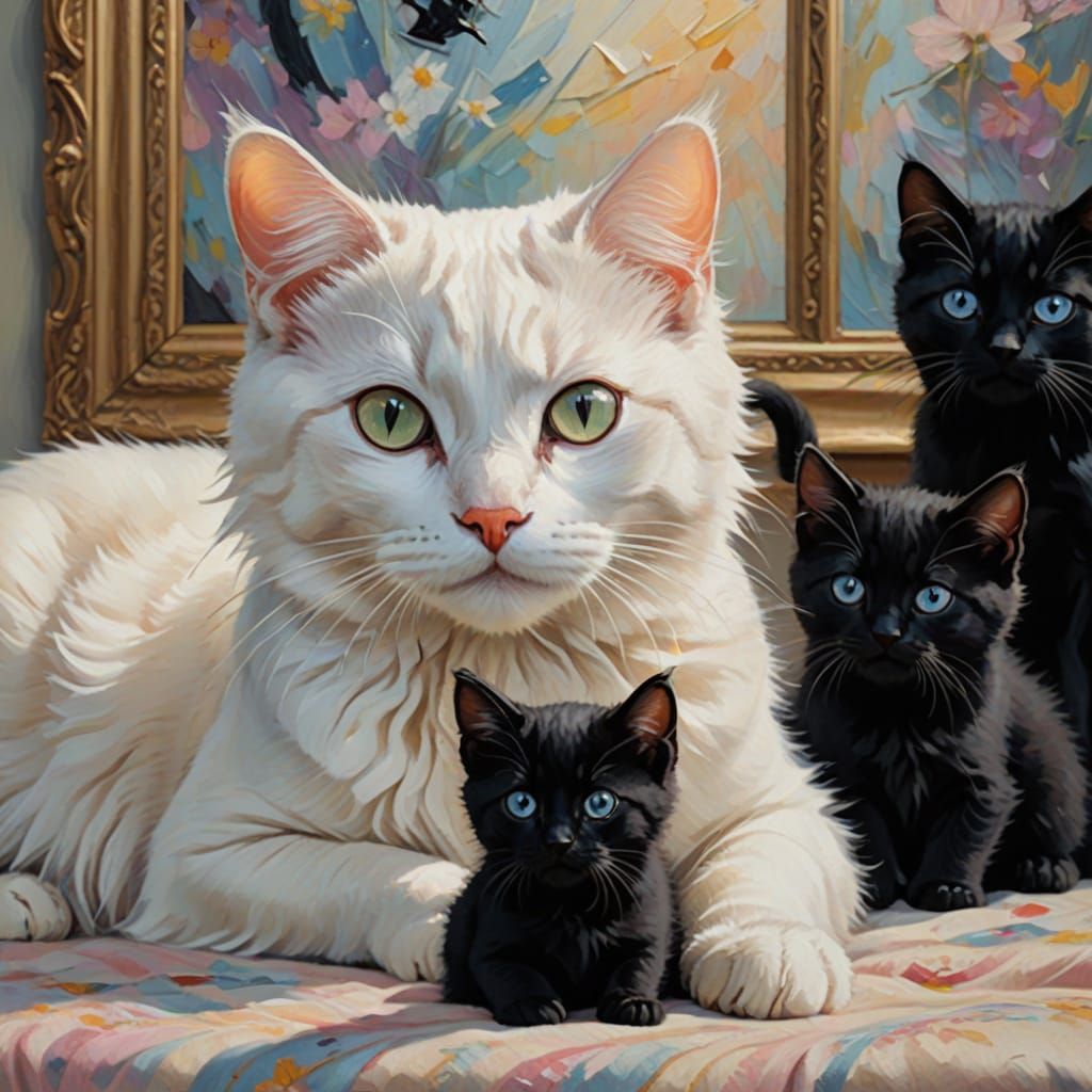 White Cat and Kittens in Impressionist Style