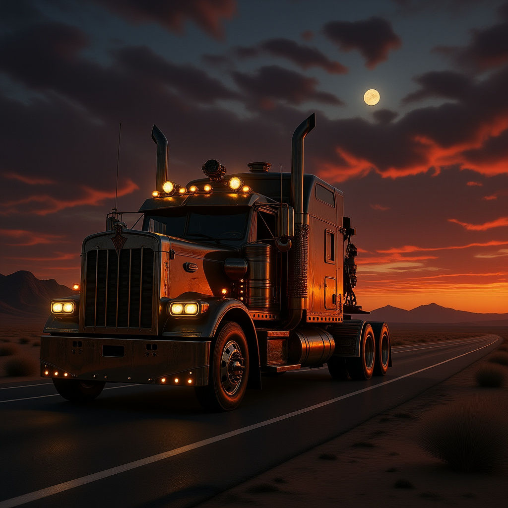 Steampunk Semi-Truck on Desert Highway at Dusk