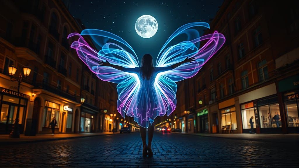 Stellar Wings Unfurl in a Dreamy Urban Landscape