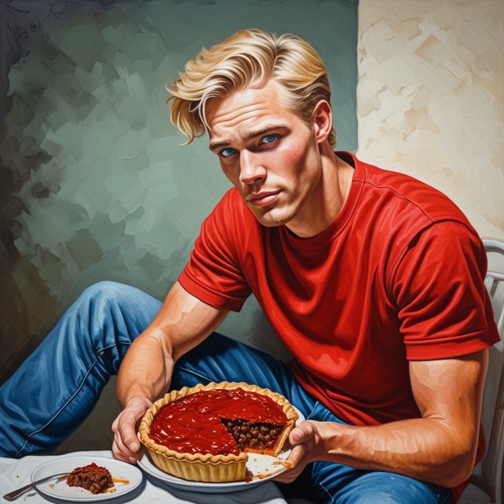 Young Man Enjoying a Hearty Beef Pie in a Rich Oil Painting